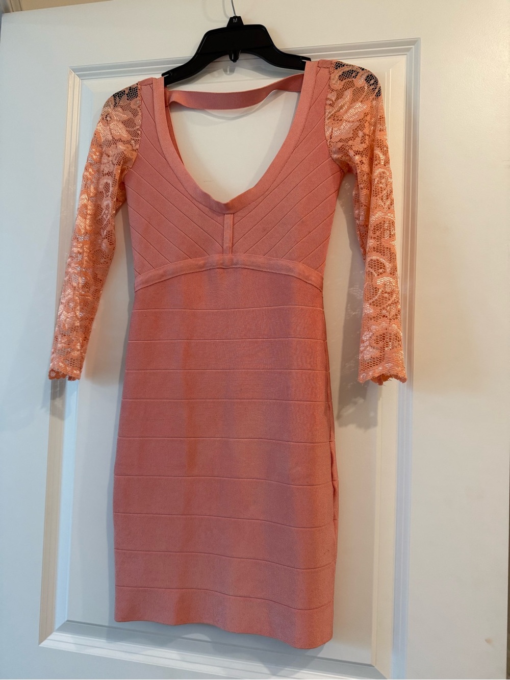 bebe Coral Lace-Sleeve V-Neck Bodycon Dress